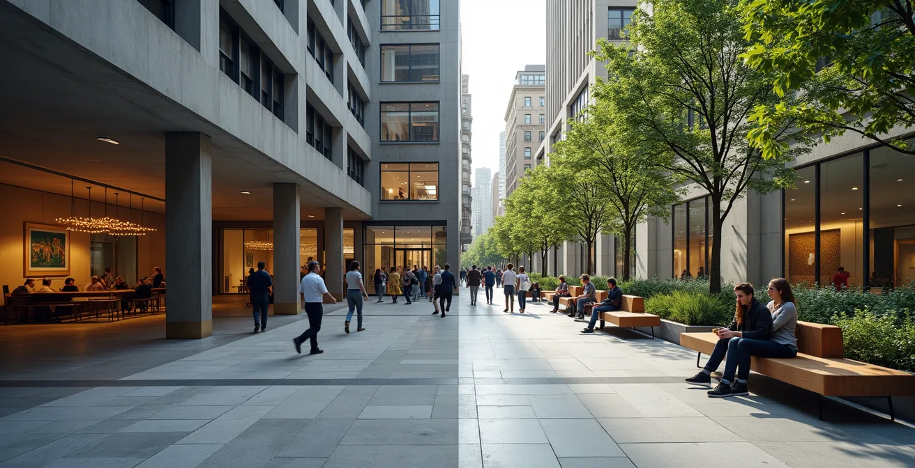 Stark contrast between a sterile urban space lacking amenities and a welcoming furnished area