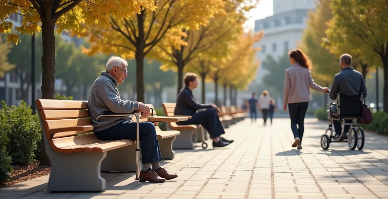 Diverse group of people with different mobility needs comfortably using universally designed street furniture