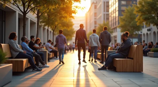 People interacting with thoughtfully designed street furniture in an active urban environment