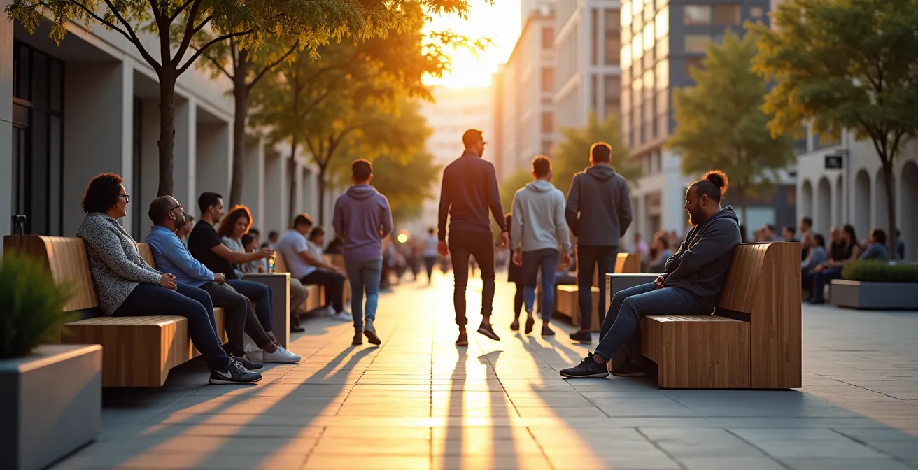 People interacting with thoughtfully designed street furniture in an active urban environment