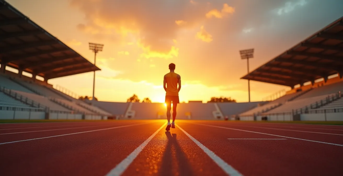 Wide view of empty stadium at sunset representing career decision moment