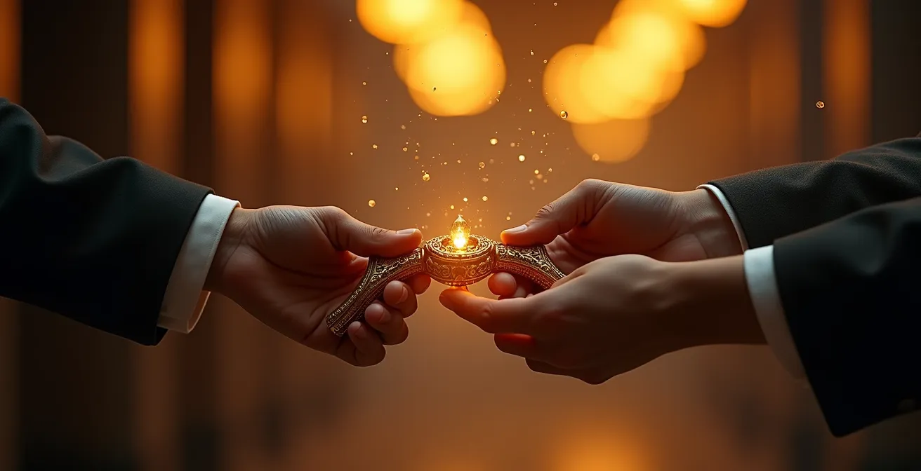 Close-up of ceremonial button press moment with hands and golden light reflections