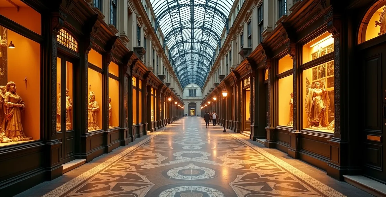Historic Parisian covered passage illuminated by vintage lamps creating theatrical winter atmosphere