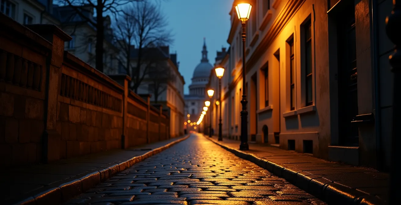 Montmartre's narrow cobblestone street glowing under warm streetlights with distant Sacré-Cœur