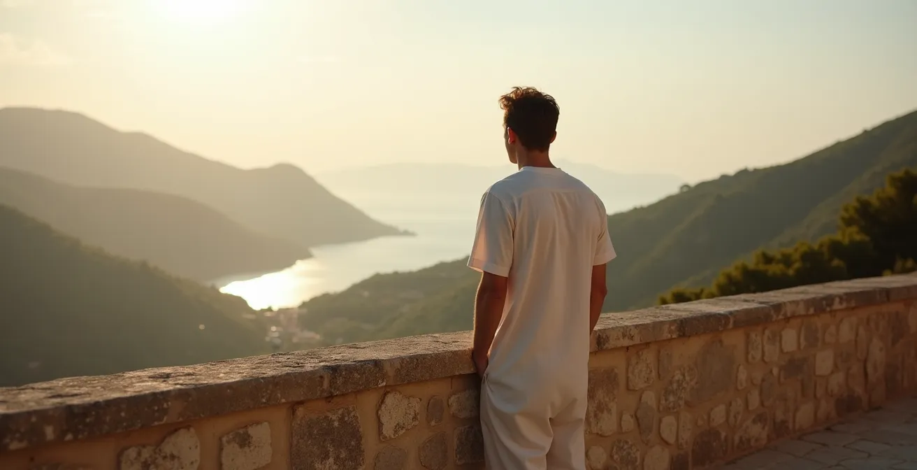 Person standing at Mougins viewpoint overlooking the Mediterranean coastline and surrounding hills