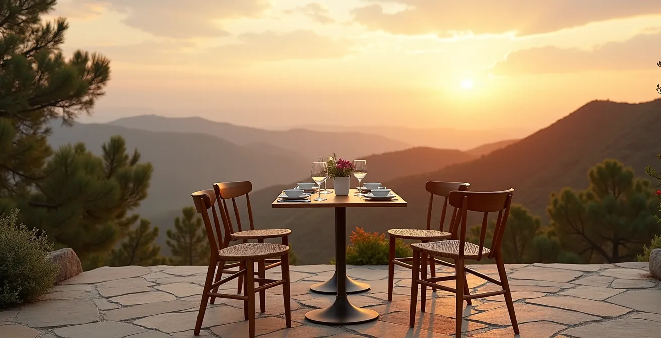Elegant outdoor dining setup on villa terrace during golden hour with distant valley views