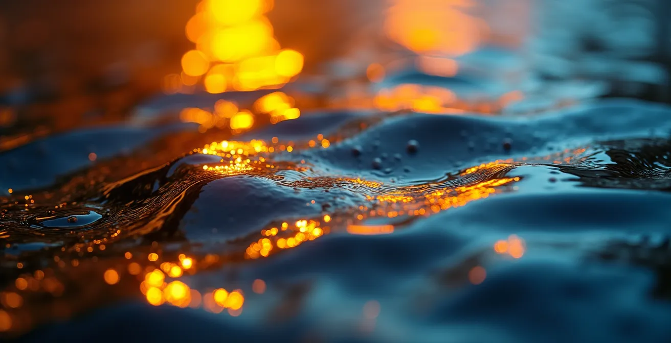 Macro detail of golden light reflections dancing on Seine water surface