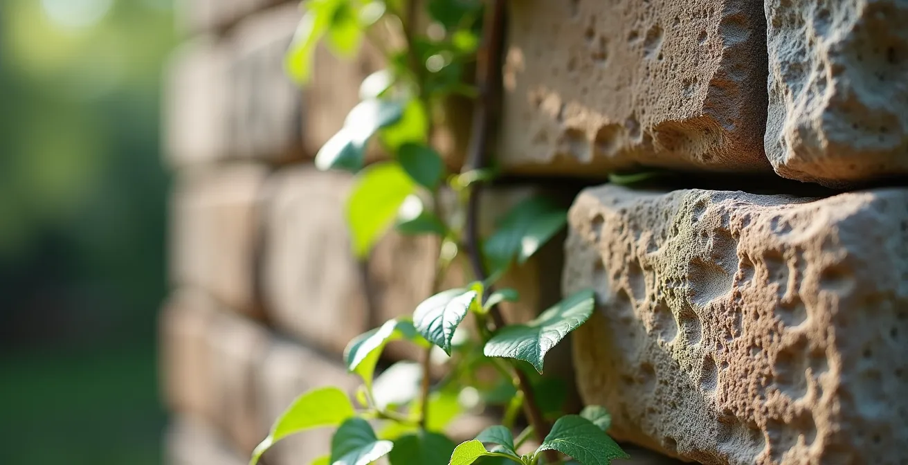 Close-up of traditional Provençal stone wall texture with climbing jasmine