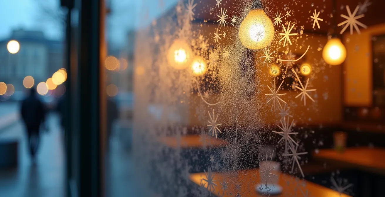 View through frosted cafe window showing warm golden interior contrasting with cold blue street outside