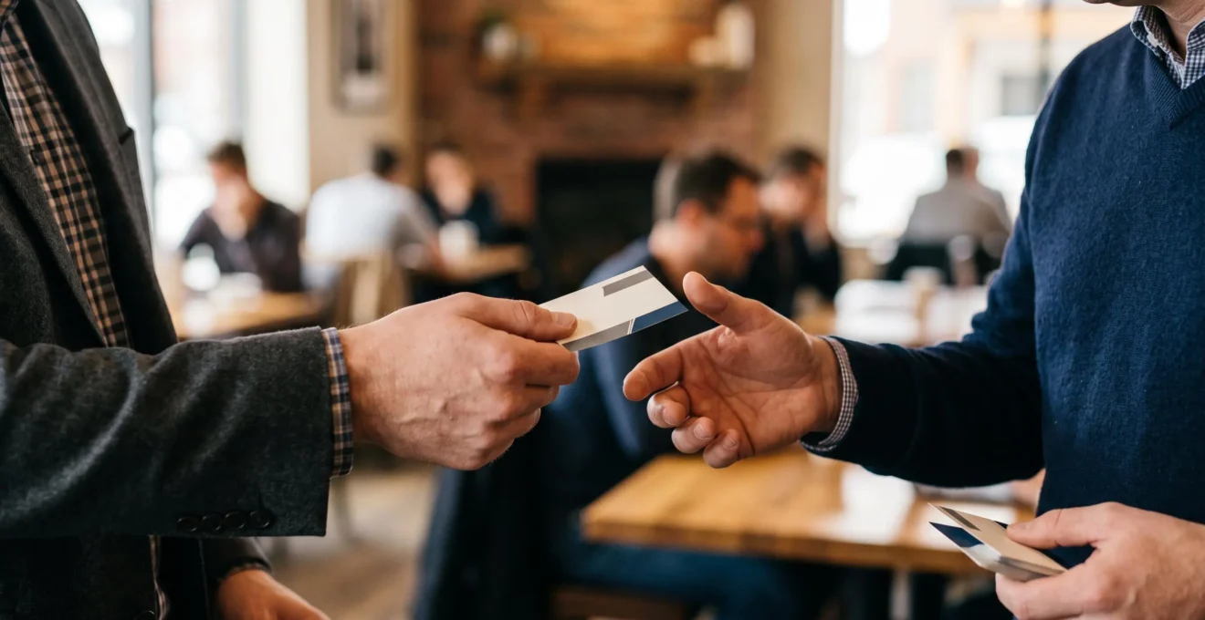 Two professionals exchanging business cards during a networking meeting in Calgary