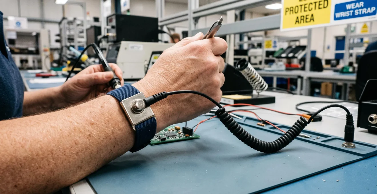 Close-up of worker's wrist wearing ESD anti-static wrist strap with grounding cable properly connected to workstation.