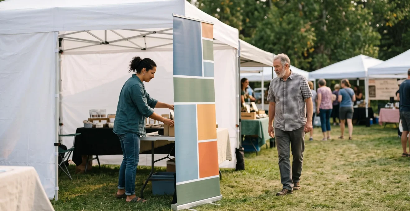 Promotional banner displayed at an outdoor community event in Calgary with vendors and visitors