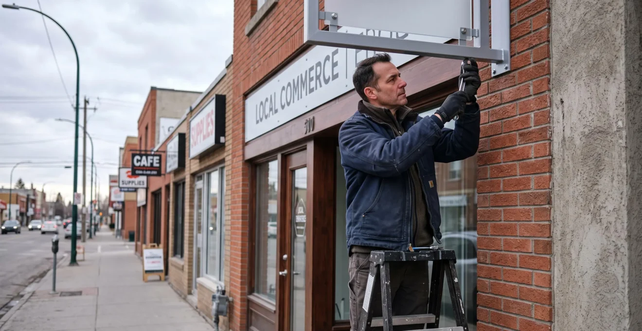 Business owner installing an outdoor commercial sign on a storefront facade in Calgary