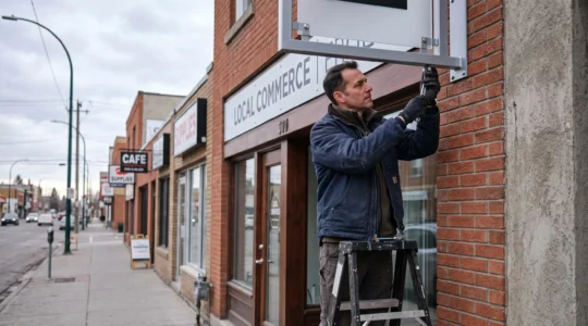 Business owner installing an outdoor commercial sign on a storefront facade in Calgary
