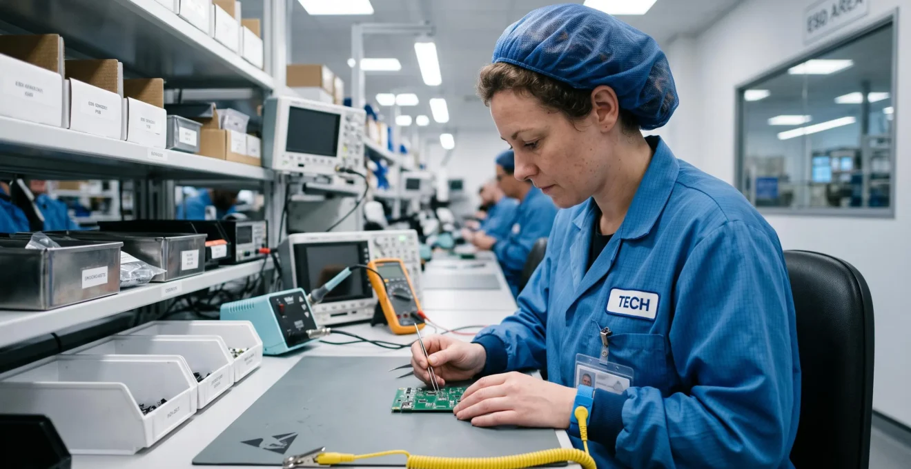 Electronics technician wearing blue ESD protective smock and wrist strap working with electronic components at an anti-static workstation in a UK manufacturing facility.