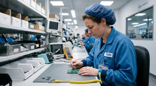 Electronics technician wearing blue ESD protective smock and wrist strap working with electronic components at an anti-static workstation in a UK manufacturing facility.