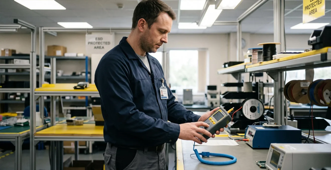Safety technician standing and using an ESD wrist strap tester to verify grounding equipment in an electronics manufacturing environment.